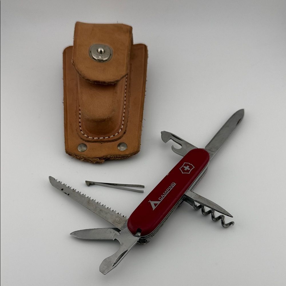 Victorinox Camping Red Multi-Tool with Tan Leather Case